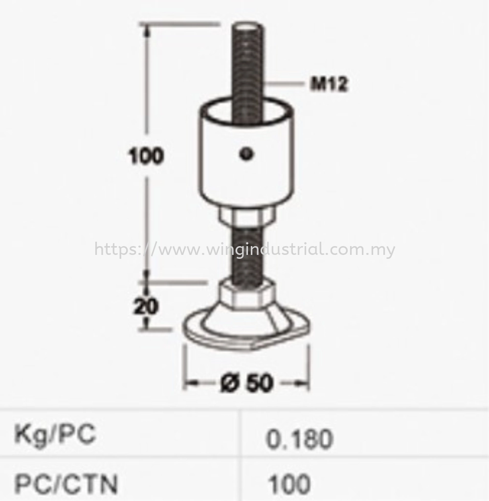 M12x100mm Adjustable Outer Foot 50mm Steel Base (L-4F)