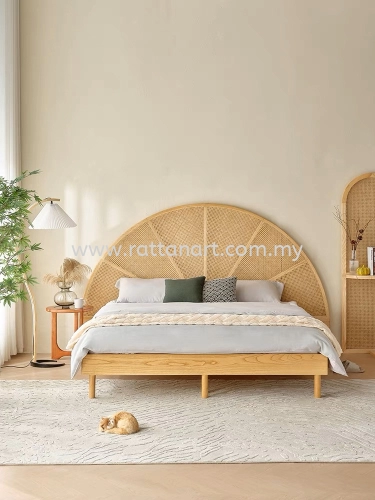 WOODEN BED FRAME WITH RATTAN NETTING
