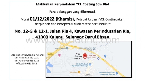 Makluman Perpindahan YCL Coating Sdn Bhd