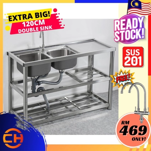 （OUT OF STOCK) Stainless Steel Double Kitchen Sink With Stand Rak EXTRA BIG 120CM Sinki Singki Steel Dapur Set Dish Washer Rack