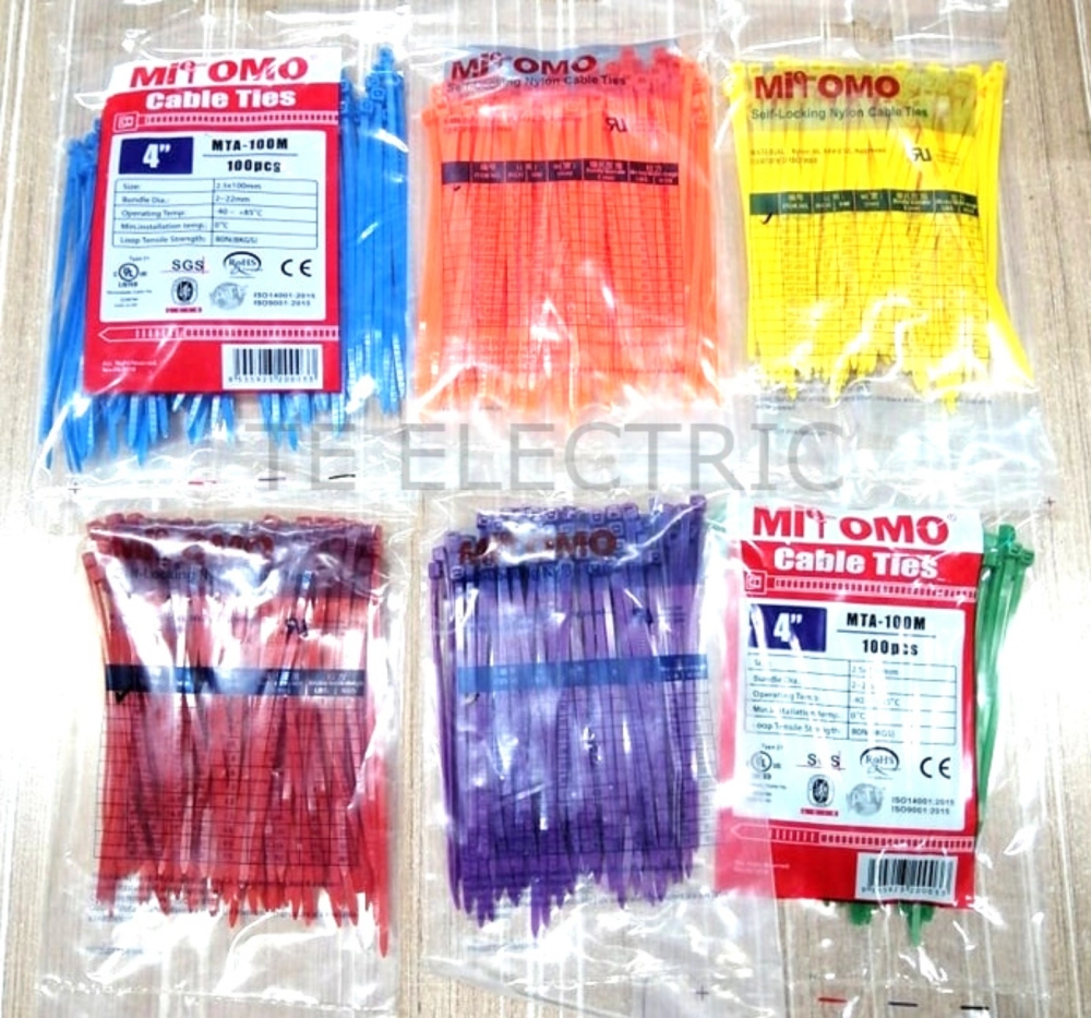 (100PCS) 4 INCH COLOUR SELF LOCKING CABLE TIE ORANGE RED GREEN PURPLE YELLOW BLUE (100MM X 2MMM)