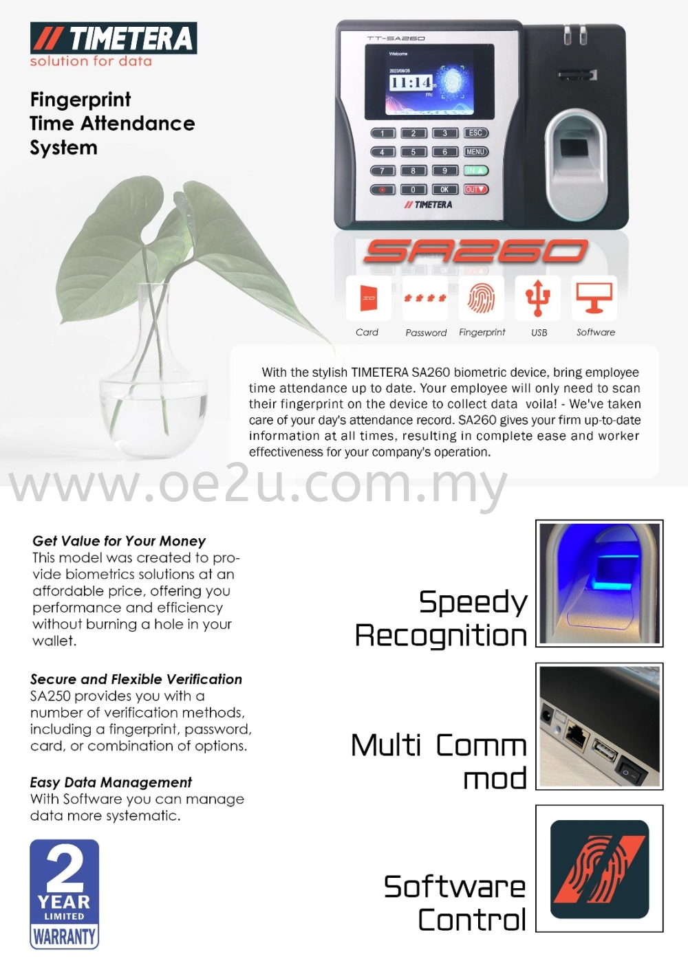 TIMETERA SA260 Fingerprint Time Attendance System (Software Reporting & WiFi Connection)