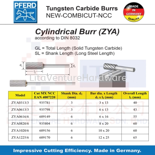 PFERD MADE IN GERMANY CYLINDRICAL BURR(ZYA)  ZYA03133 ZYA06133 ZYA06166 ZYA08206 ZYA10206 ZYA12256