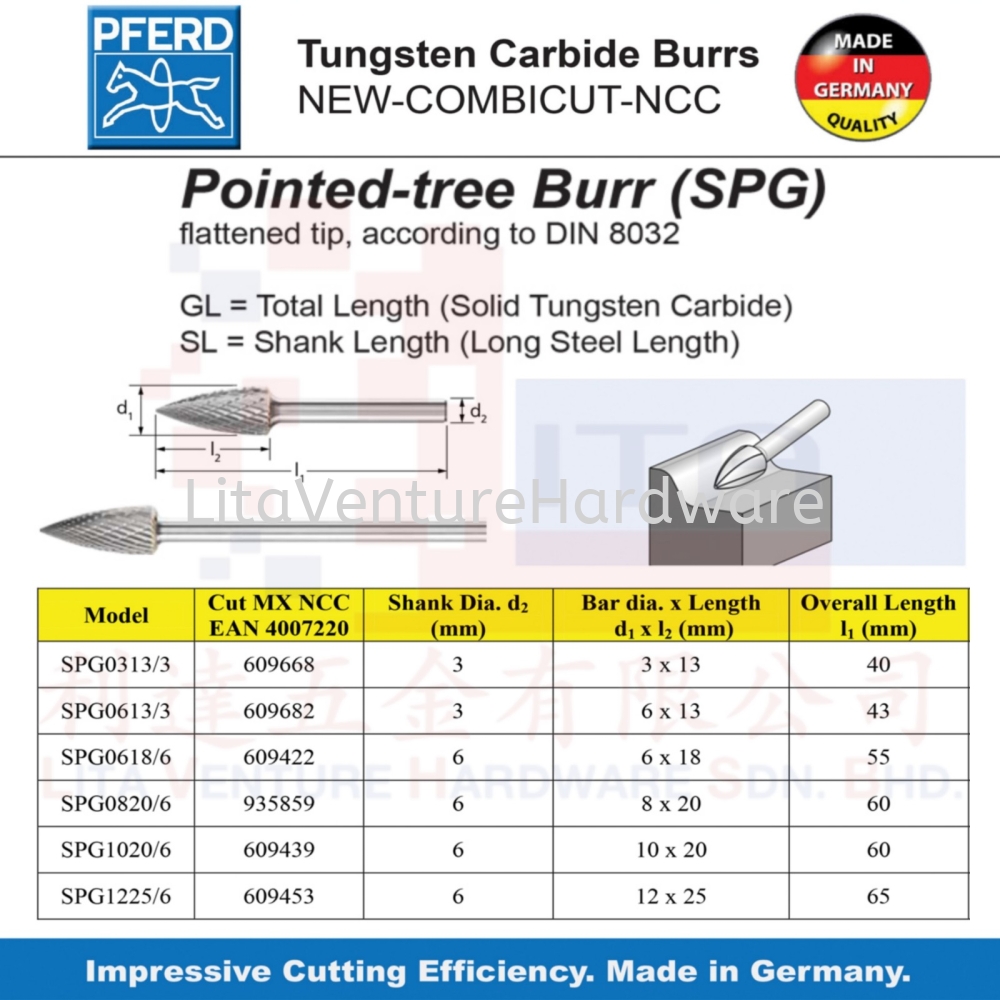 PFERD MADE IN GERMANY POINTED-TREE BURR(SPG) SPG03133 SPG06133 SPG06186 SPG08206 SPG10206 SPG12256