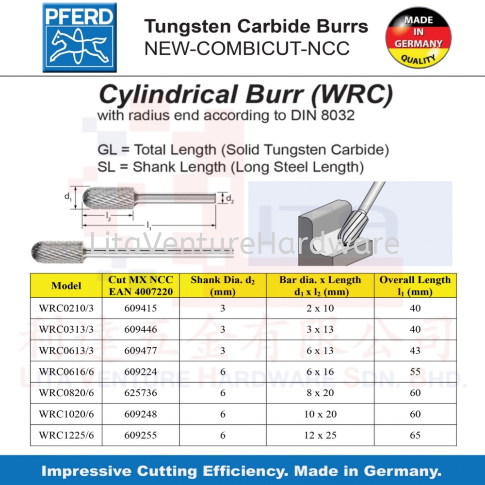 PFERD MADE IN GERMANY CYLINDRICAL BURR(WRC) WRC02103 WRC03133 WRC06133 WRC06166 WRC08206 WRC10206 WRC12256