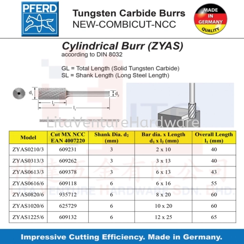 PFERD MADE IN GERMANY CYLINDRICAL BURR(ZYAS) ZYAS02103 ZYAS03133 ZYAS06133 ZYAS06166 ZYAS08206 ZYAS10206 ZYAS12256