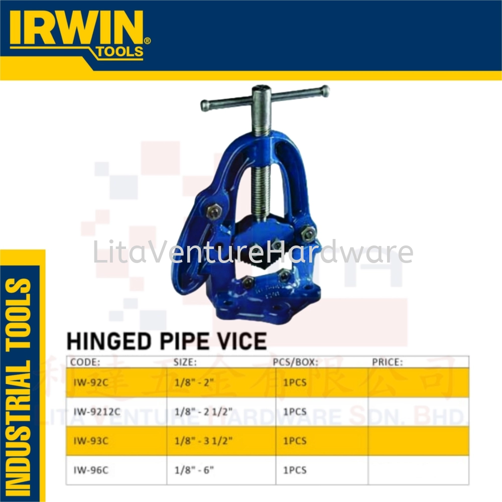 IRWIN BRAND HINGED PIPE VICE IW92C IW9212C IW93C IW96C