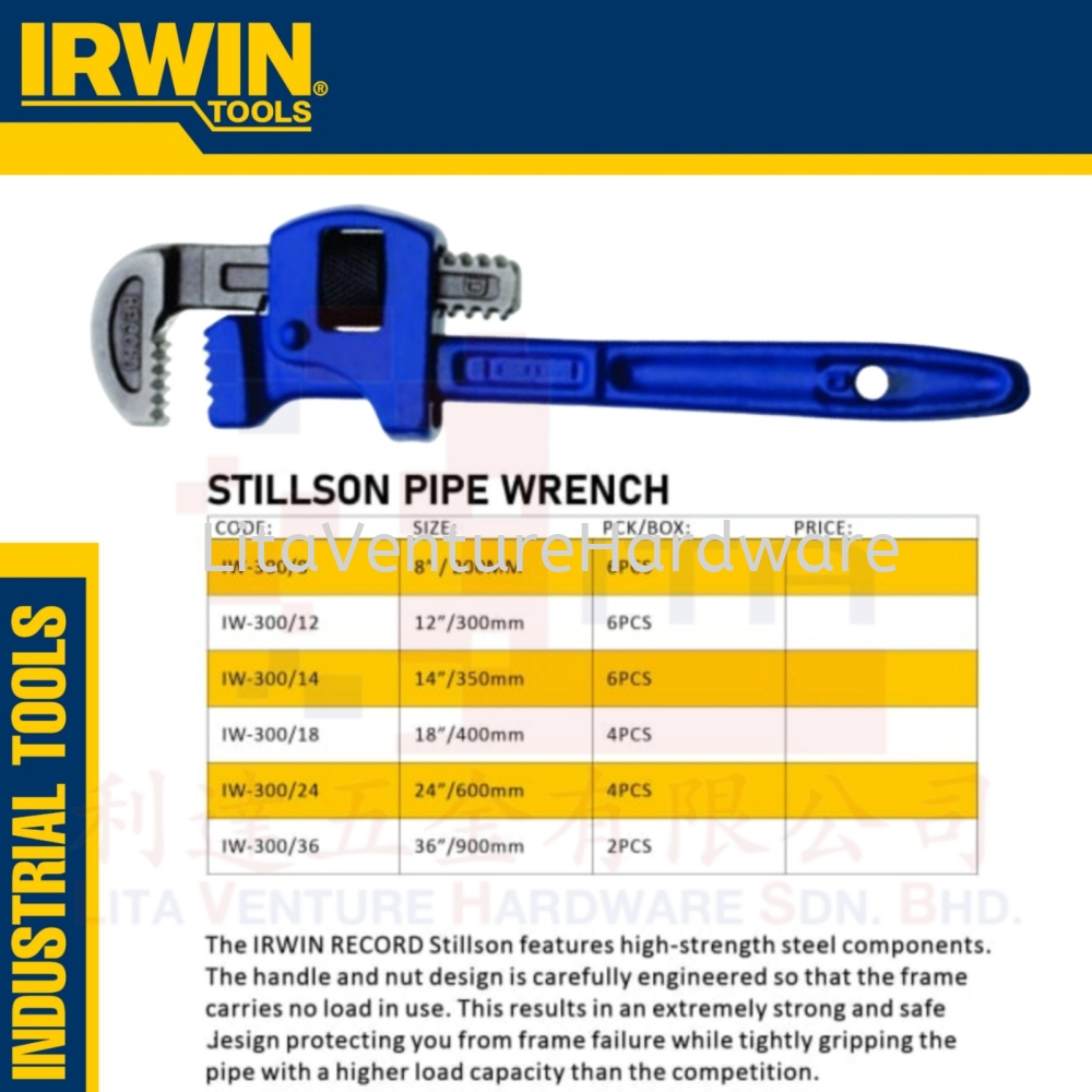 IRWIN BRAND STILLSON PIPE WRENCH IW3008 IW30012 IW30014 IW30018 IW30024 IW30036