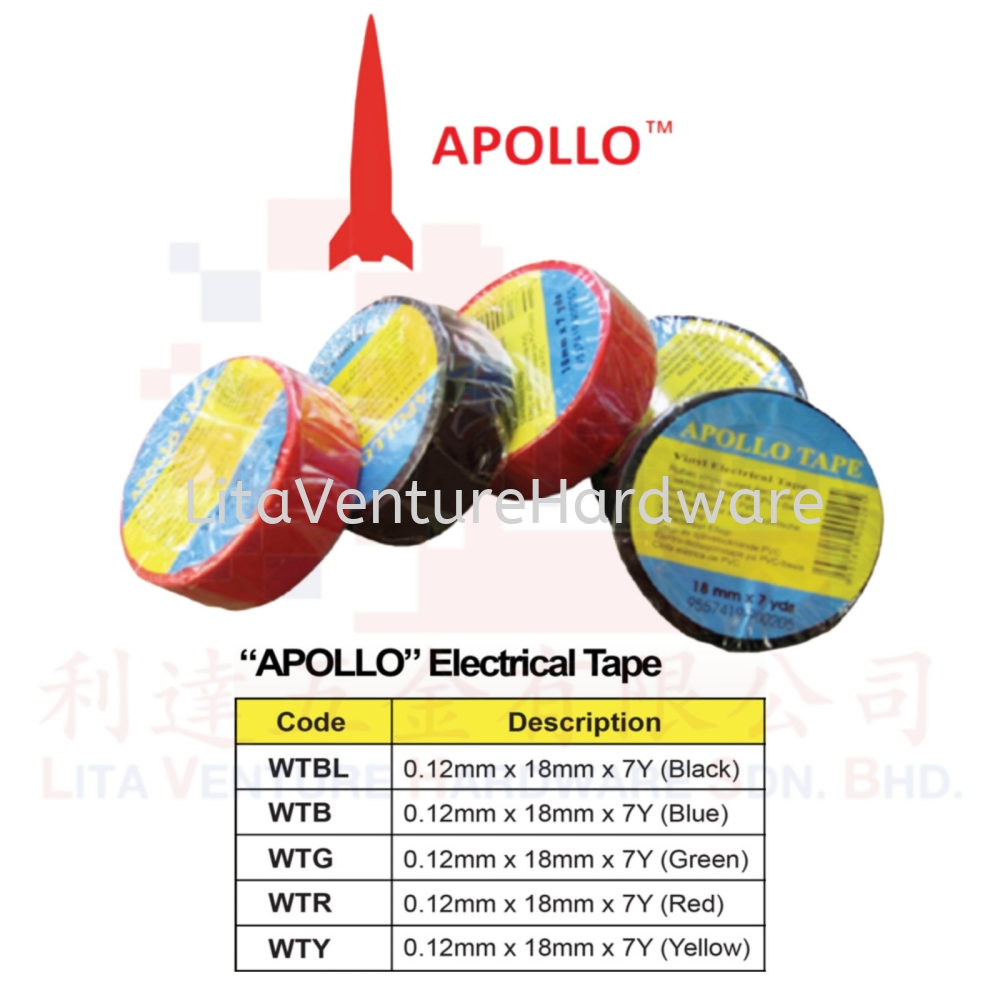3M APOLLO ELECTRICAL TAPE WTBL WTB WTG WTR WTY