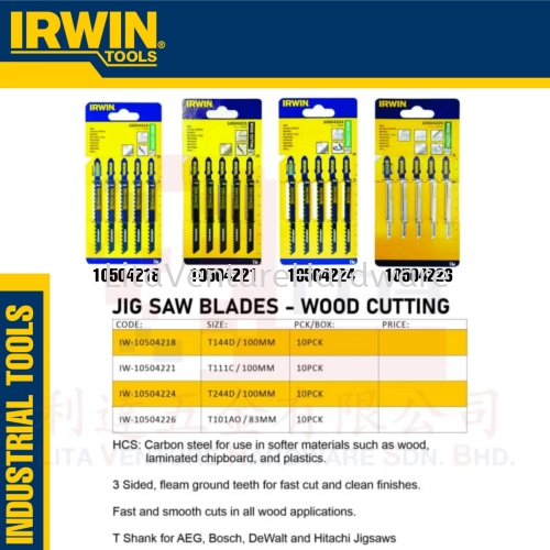 IRWIN BRAND JIG SAW BLADES WOOD CUTTING IW10504218 IW10504221 IW10504224 IW10504226