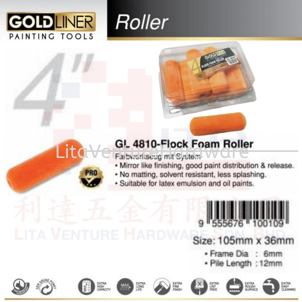 GOLDLINER BRAND GL 4810 FLOCK FOAM ROLLER
