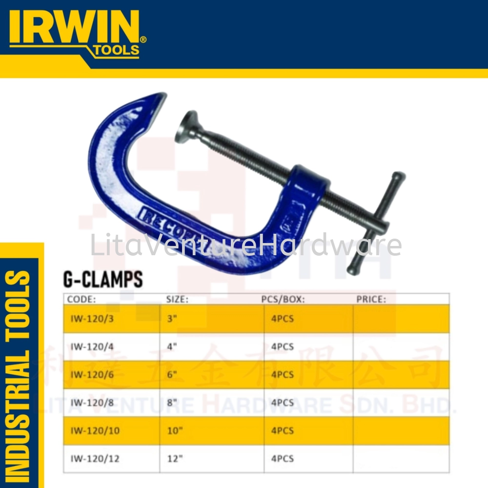 IRWIN BRAND G-CLAMPS IW1203 IW1204 IW1206 IW1208 IW12010 IW12012