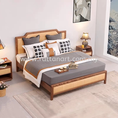 WOODEN BED FRAME WITH RATTAN NETTING