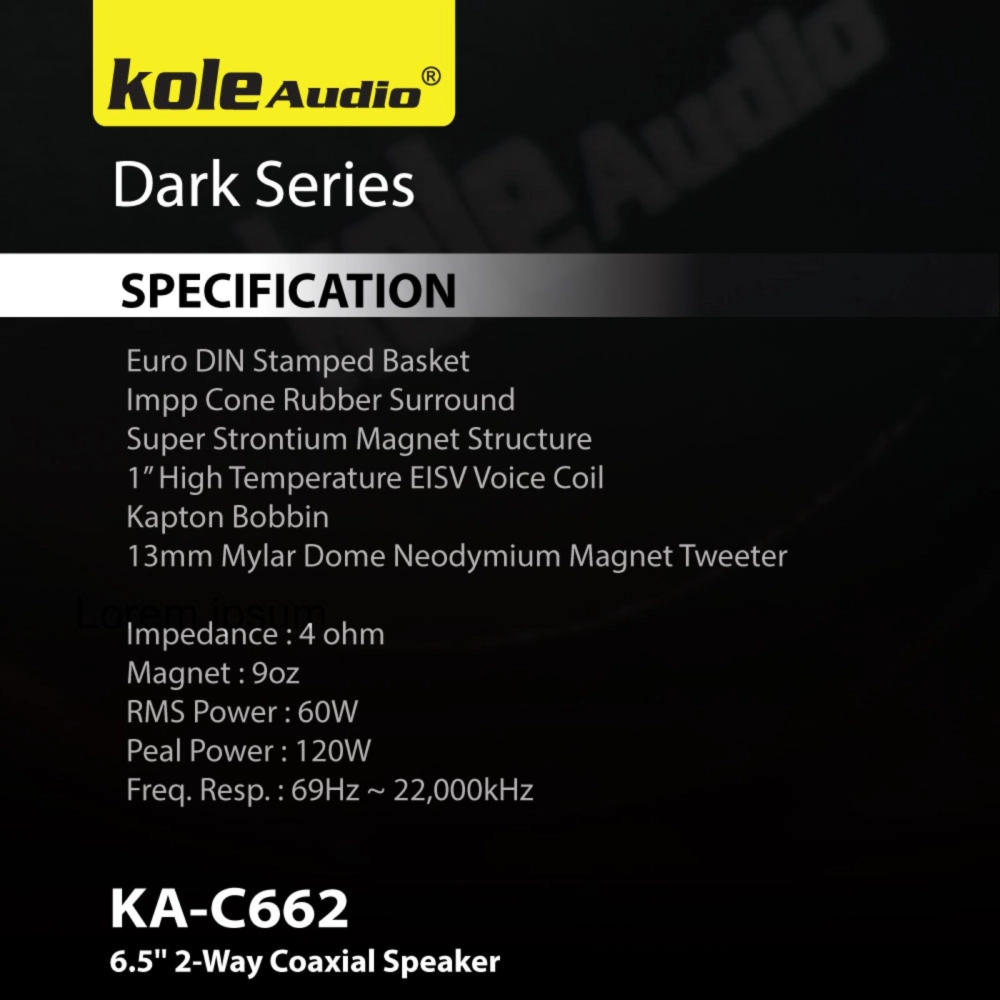 Kole Audio Dark Series 6.5″ 2-Way Car Audio Coaxial Speaker KA-C62 KA-C662