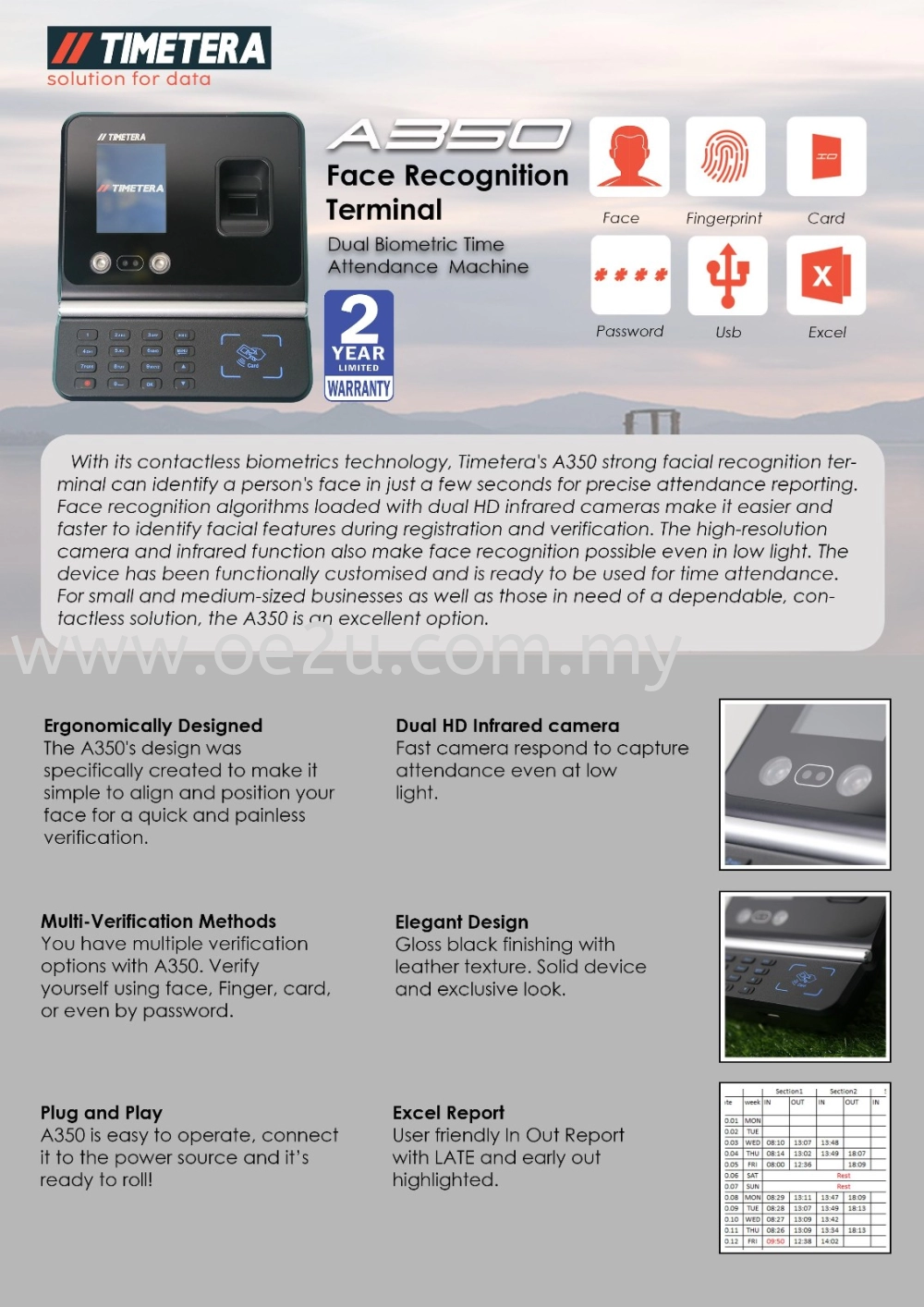 TIMETERA A350 Face Recognition & Fingerprint Time Recorder (NO Software Needed)