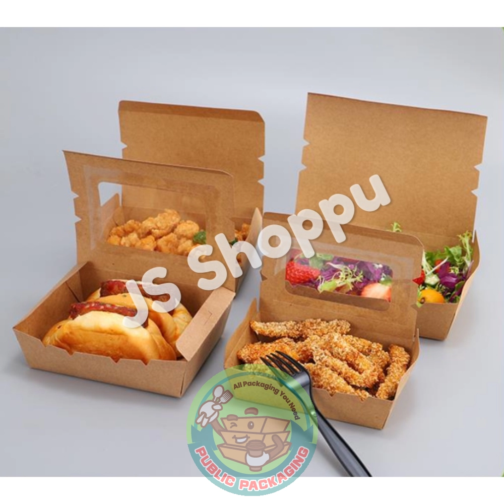 Paper Lunch Box with Window / Clear Lid / Brown / Disposable Paper Lunch Box / 700ml / 1200ml