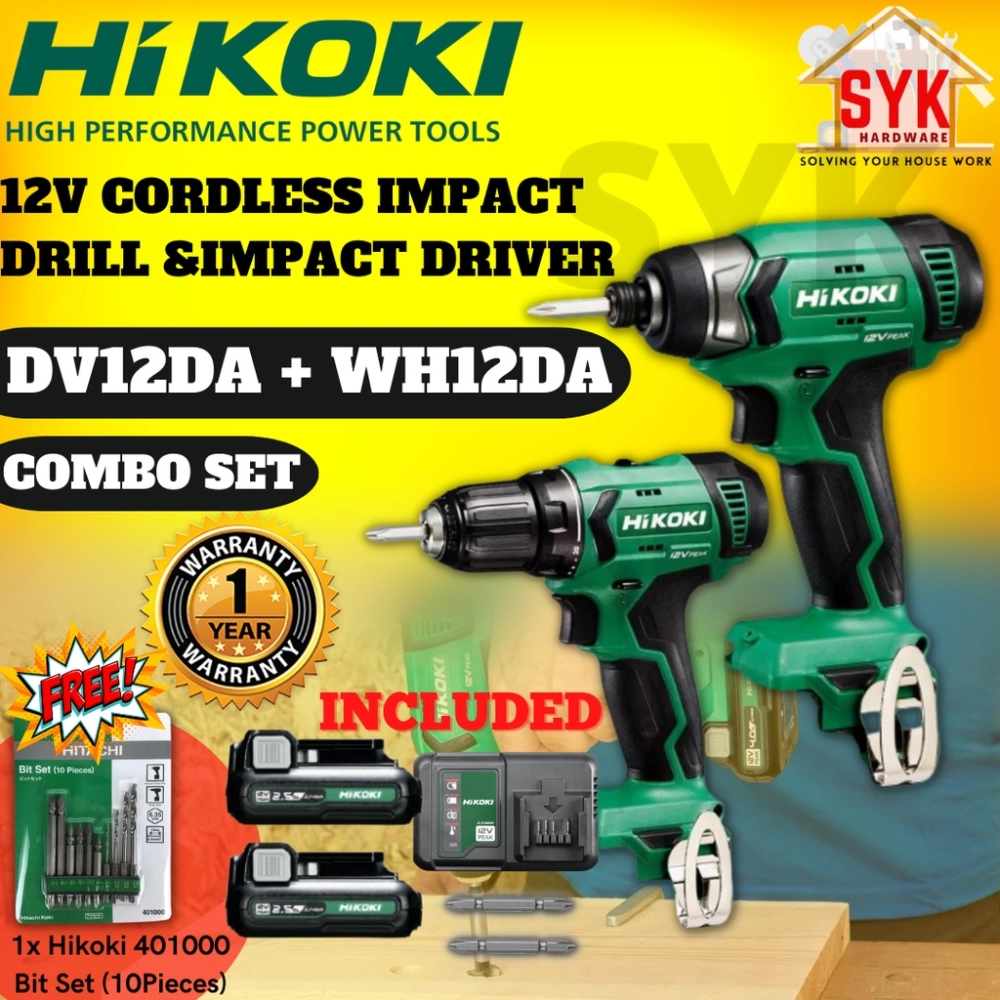 SYK Hikoki DV12DA WH12DA 12V Peak Cordless Impact Drill Driver Combo Set Mesin Gerudi Menggunakan Bateri Free Gift
