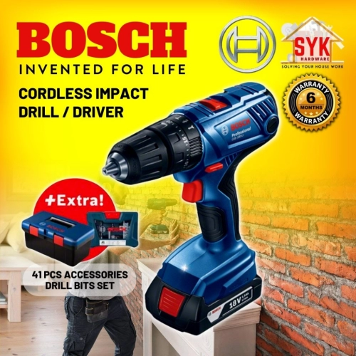 SYK Bosch GSB 180-LI Professional Cordless Impact Drill Driver - 06019F83L2 Free 41 pcs Accessories Set + Tool Box