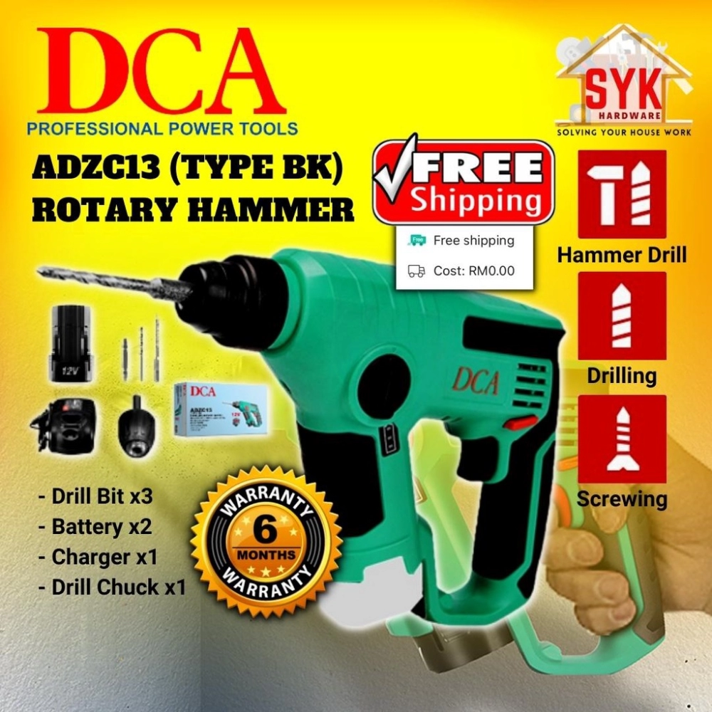 SYK (Free Shipping) DCA Cordless Rotary Hammer Drill Battery ADZC13(TYPE BK) Screwdriver Power Tools Mesin Tebuk Dinding