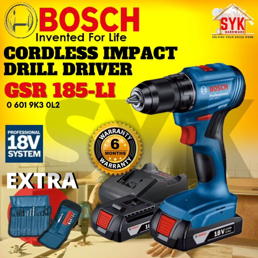 SYK Bosch 06019K30L2 18V GSR 185-LI Professional Cordless Impact Drill Driver Mesin Pemacu Gerudi Kesan Tanpa Kord Set