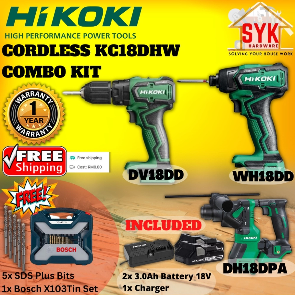 SYK Free Shipping Hikoki DV18DD WH18DD DH18DPA Cordless Drill Combo Set Mesin Gerudi Menggunakan Bateri Free Gift