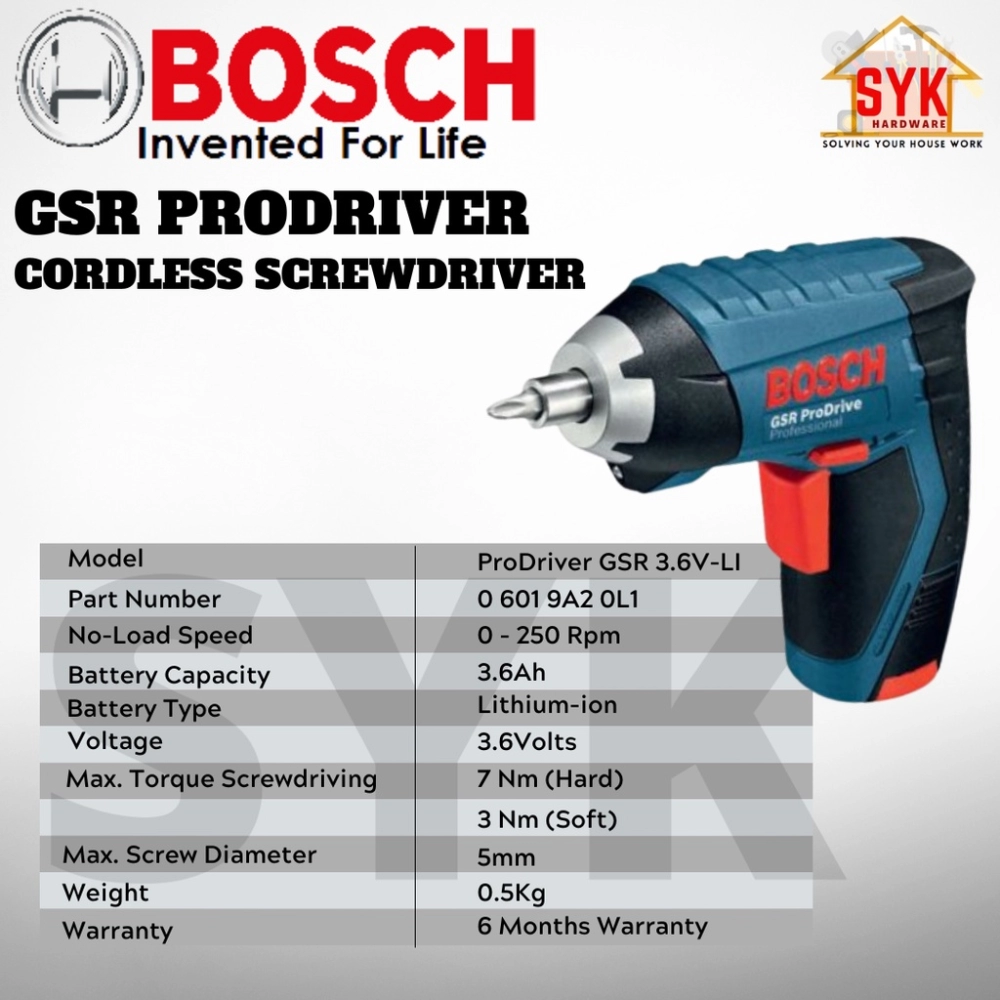 SYK Bosch 06019A20L1 3.6V GSR 3.6V-LI ProDriver Cordless Screwdriver Screw  Drilling Machine Mesin Gerudi Bateri Negeri Sembilan, Malaysia Supplier,  Seller, Provider, Authorized Dealer | JUN SENG TRADING & IRON WORKS
