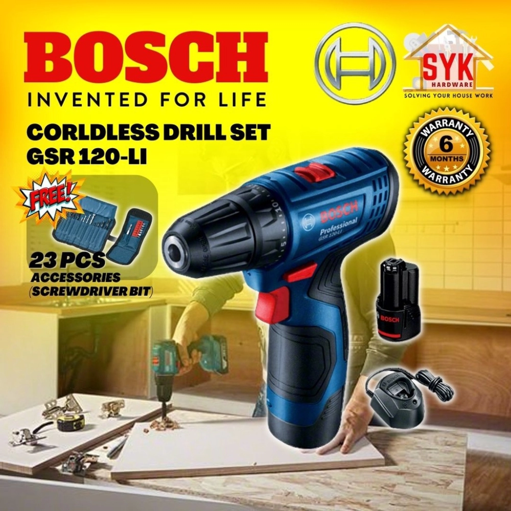 SYK Bosch GSR120-LI Set Professional Cordless Drill With Battery Charger Mesin Gerudi Bateri - 06019G80L2 (Free Gift)