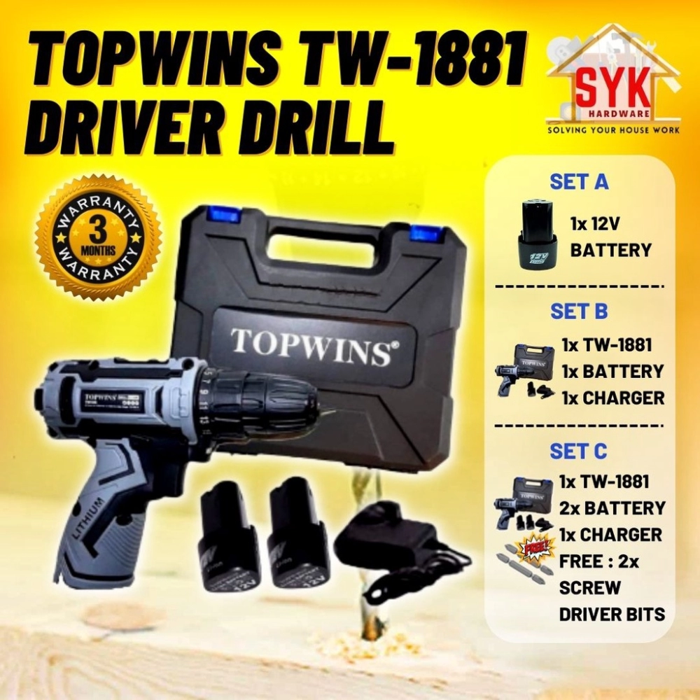 SYK TOPWINS Handrill Cordless Drill Driver Set TW-1881 Double Stall Speed Codless Drill Bateri Drill 12V (FREE GIFT)