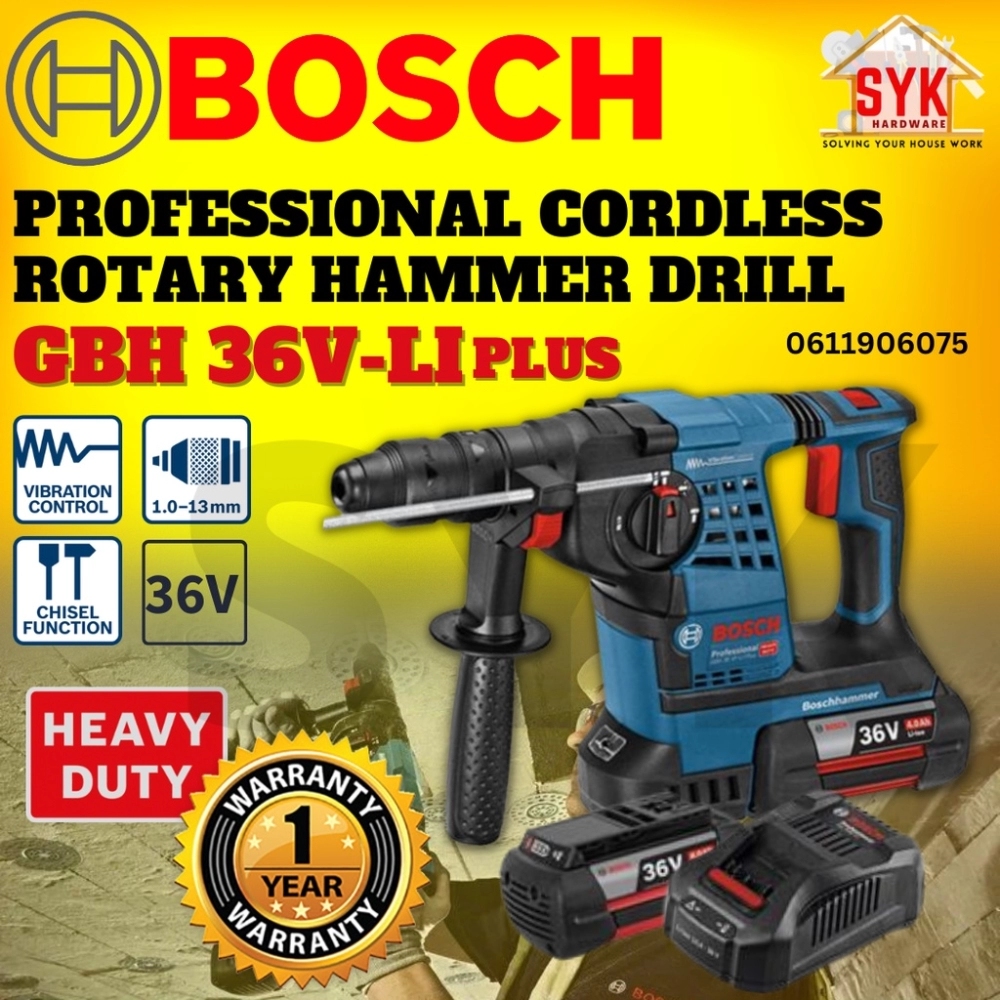 SYK Bosch 0611906075 GBH 36V-LI Plus 36V Professional Cordless Drill Hammer Mesin Gerudi Tukul Batu Konkrit
