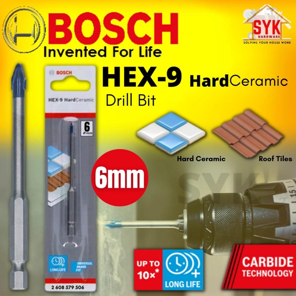 SYK BOSCH HEX-9 Hard Ceramic Tiles & Masonry Drill Bits Mata Gerudi Seramik 6mm x 90mm Drill Accessories (2608579506) 1P