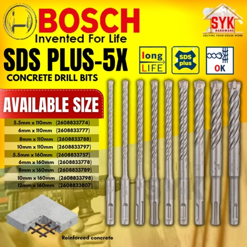 SYK BOSCH SDS PLUS-5X Concrete Drill Bits Mata Gerudi Dinding Konkrit Tajam Cepat Gorek (110mm & 160mm)