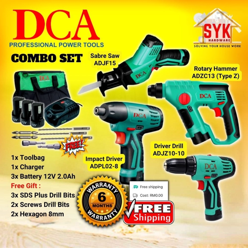 SYK Combo Set 12V DCA Cordless Drill Hammer Drill Impact Drill Reciprocating Saw Power Tools Bateri Drill 12V +Free Gift