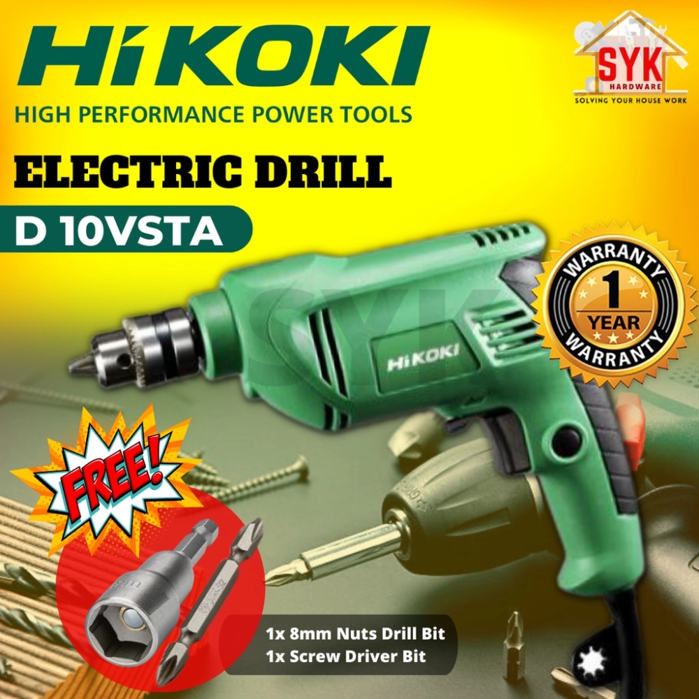 SYK HITACHI HIKOKI D10VSTA 10mm Electric Drill Machine Wood Steel Mesin Gerudi Tebuk Besi Kayu 450W + FREE GIFT