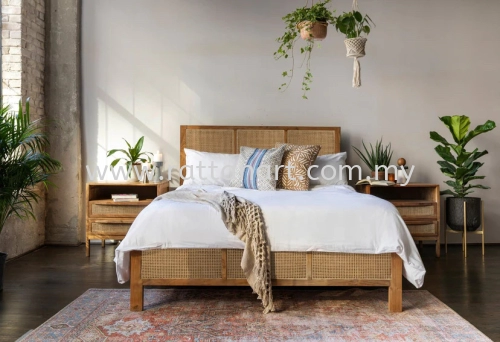 WOODEN BED FRAME WITH RATTAN NETTING