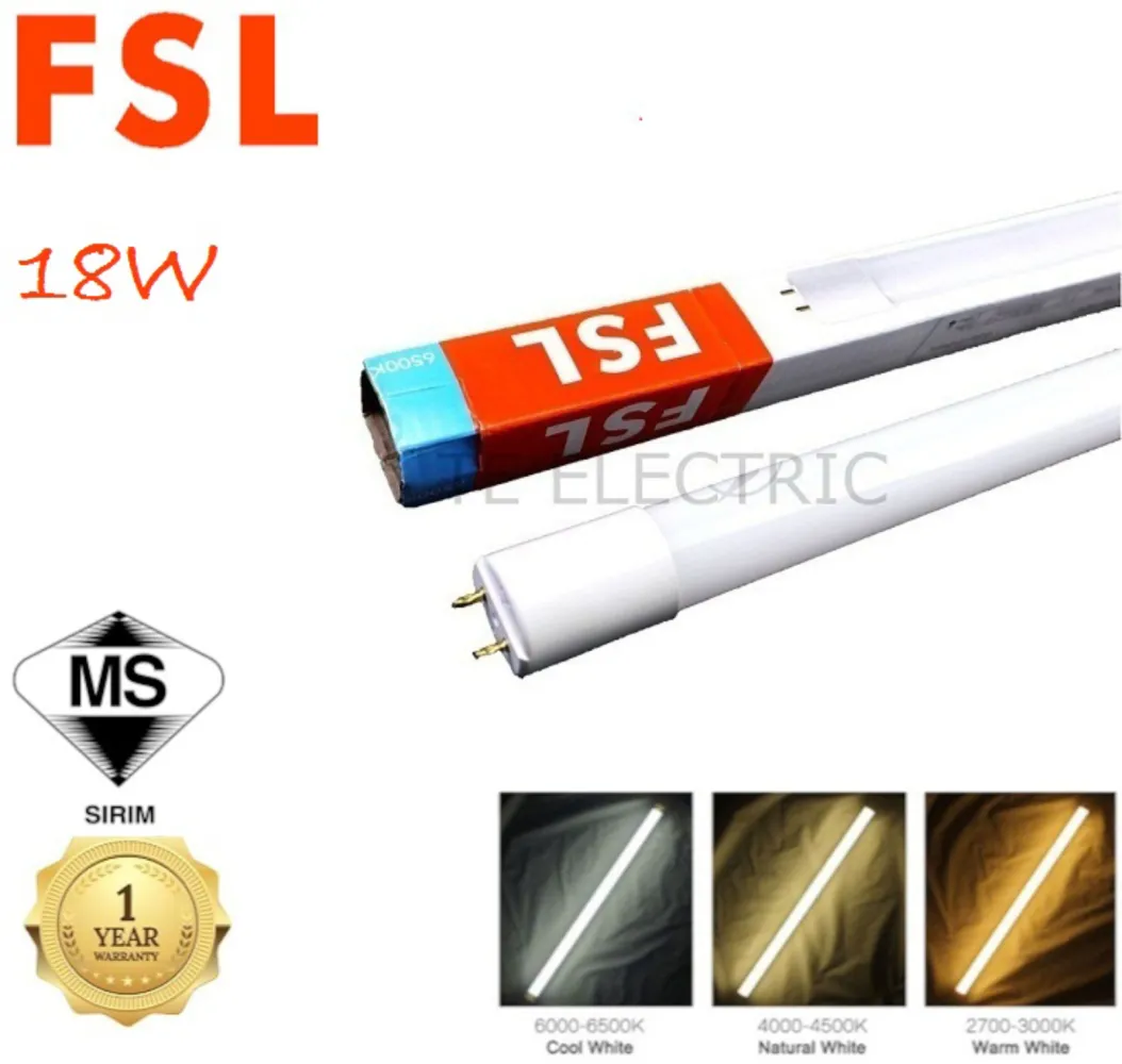 (5PCS) FSL 18W T8 LED TUBE 1200MM 4FT 3000K/4000K/6500K SIRIM DAYLIGHT WARMWHITE COOLWHITE