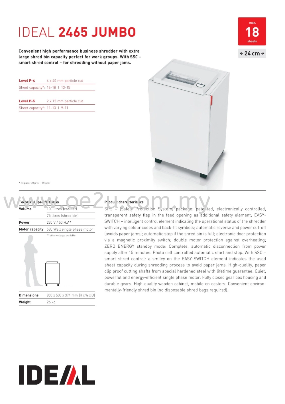 IDEAL 2465 JUMBO Paper Shredder (Shred Capacity: 22-24 Sheets, Strip Cut: 4mm, Bin Capacity: 75 Liters)_Made in Germany