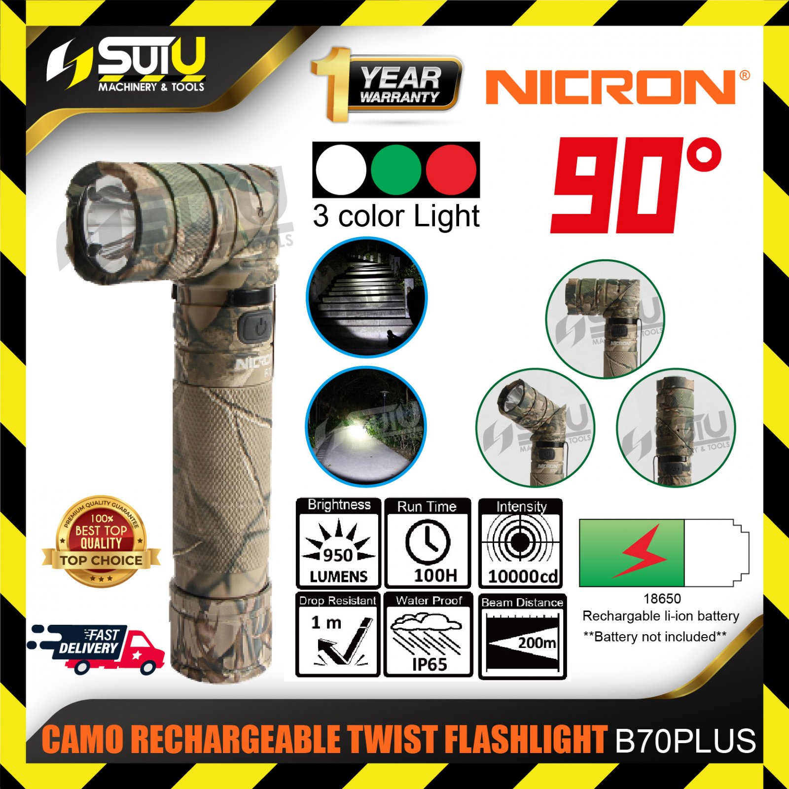 NICRON B70 Plus Camo Rechargeable Twist Flashlight 950LM w/ 3