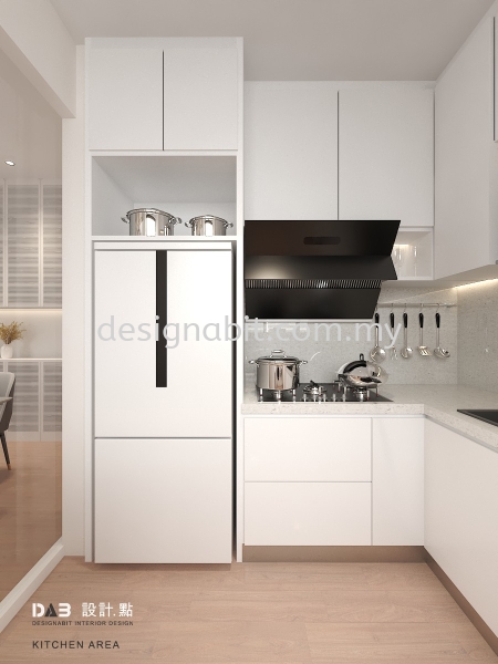 OASIS CONDOMINIUM, IPOH FRIDGE COVER/LOWER CABINET/CURTAIN/UPPER CABINET/QUARTZ STONE TABLE TOP/L-SHAPE/STORAGE CABINET/DISPLAY CABINET/GLASS PANEL/PAINTING/WHITE COLOR/GREY COLOR/BLACK COLOR/PLASTER CEILING/LED LIGHTING/DRY KITCHEN/WET KITCHEN Island Table & Cabinet & Fridge Cover    Design, Service | DESIGNABIT INTERIOR DESIGN AND CONSTRUCTION