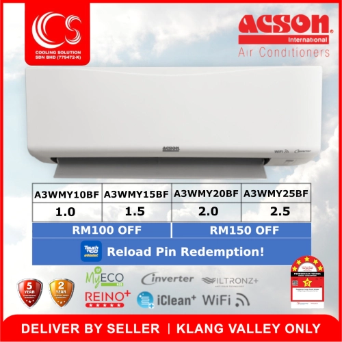 Acson R32 Refrigerant Reino+ Inverter Air Conditioner A3WMY10BF 1.0HP A3WMY15BF 1.5HP A3WMY20BF 2.0HP A3WMY25BF2.5HP+MyECO Deliver by Seller (Klang Valley areaonly)