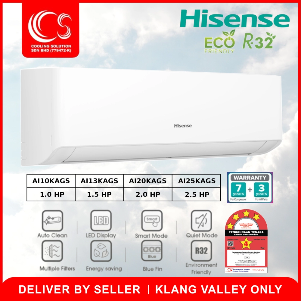 Hisense R32 KAGS Series Inverter Air Conditioner AI10KAGS 1.0HP AI13KAGS 1.5HP AI20KAGS 2.0HP AI25KAGS 2.5HP Delivery by Seller (Klang Valley area only)