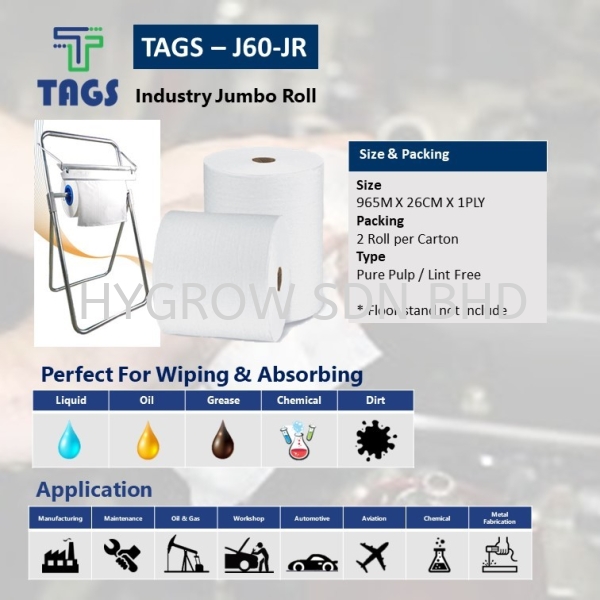 TAGS J60-JR INDUSTRY JUMBO ROLL Wipes Selangor, Malaysia, Kuala Lumpur (KL), Penang, Kajang, Ayer Itam Supplier, Suppliers, Supply, Supplies | Hygrow Sdn Bhd