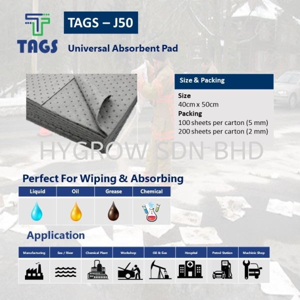 TAGS-J50 Universal Absorbent Pad (Liquid & Oil)  Wipes Selangor, Malaysia, Kuala Lumpur (KL), Penang, Kajang, Ayer Itam Supplier, Suppliers, Supply, Supplies | Hygrow Sdn Bhd