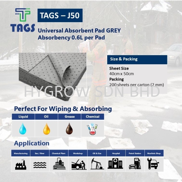 [loose Pack] TAGS-J50S Universal Absorbent Pad, Grey, absorbency 0.6L/Pad, size: 40cmx50cmx 2mm Wipes Selangor, Malaysia, Kuala Lumpur (KL), Penang, Kajang, Ayer Itam Supplier, Suppliers, Supply, Supplies | Hygrow Sdn Bhd