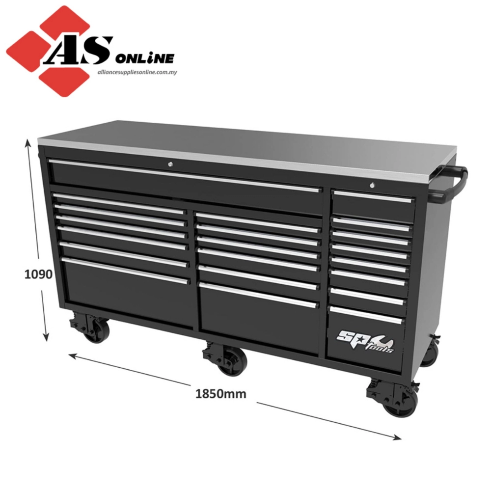 SP TOOLS 73" USA Sumo Series Wide Roller Cabinet - 21 Drawer - Black/Chrome / Model: SP44825