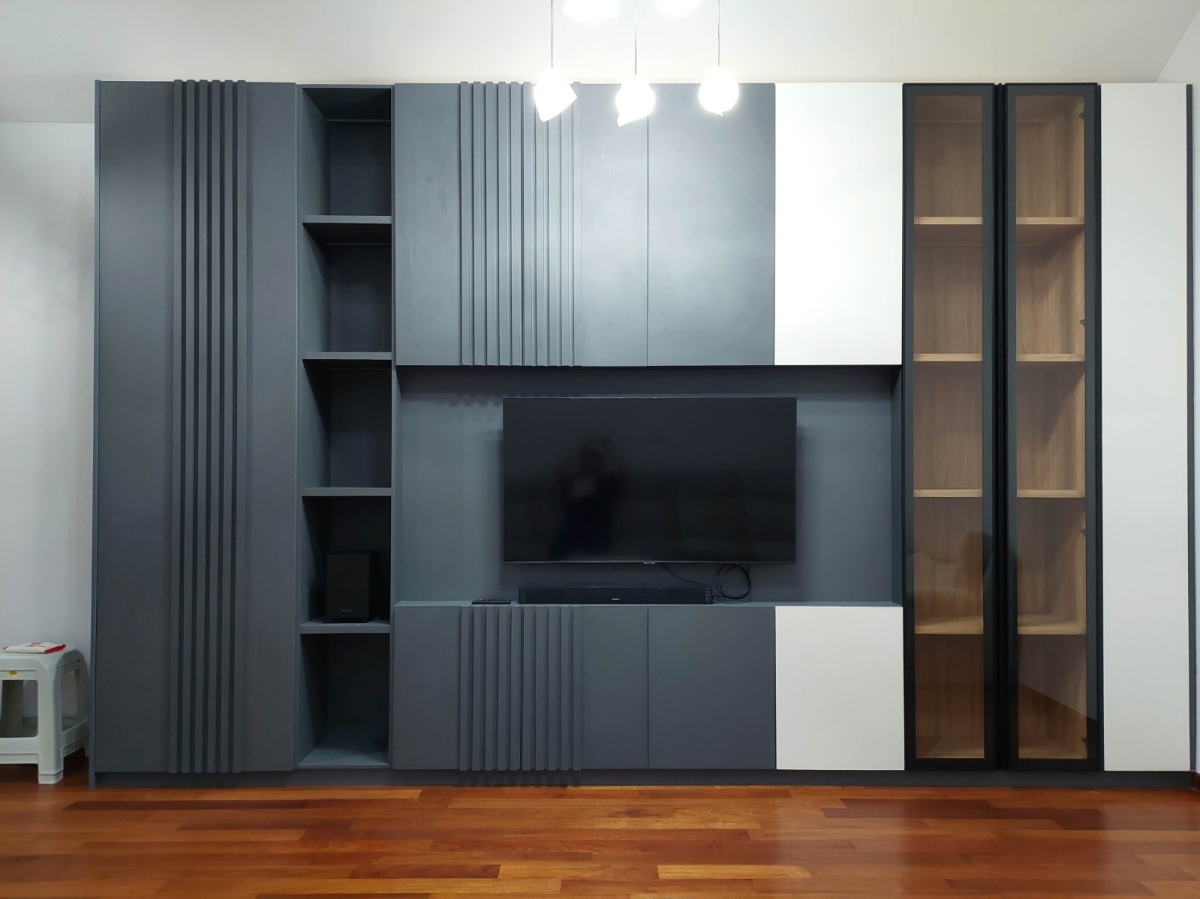 Modern White & Grey TV Console Design - Interior Design Ideas-Renovation-Residential-Johor Bahru Family Hall Design Residential Design Carpentry Work - Customize Carpentry Work Johor Bahru (JB), Gelang Patah, Malaysia Services | SD Renovation & Design Sdn Bhd