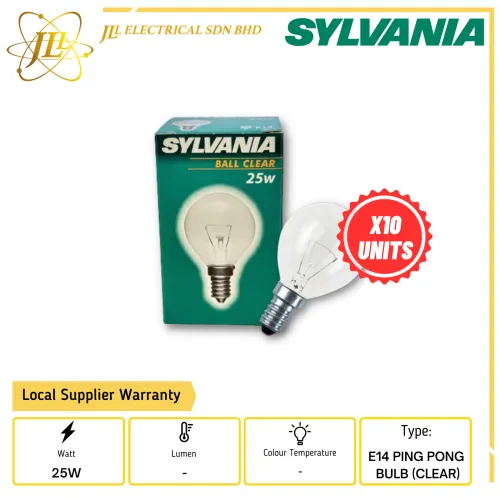 SYLVANIA E14 25W 220-240V PING PONG BULB-CLEAR (X10 UNITS) 