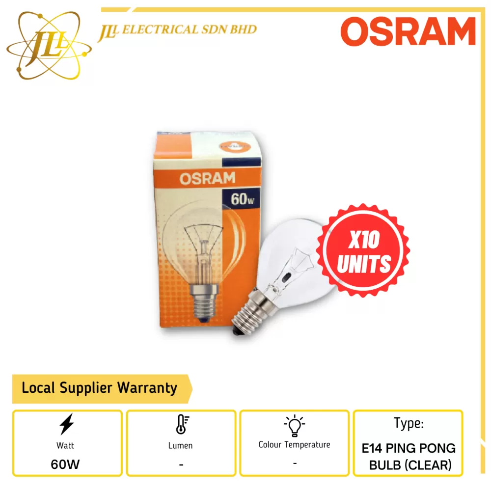 OSRAM E14 60W 240V PING PONG BULB-CLEAR (X10 UNITS) Kuala Lumpur (KL),  Selangor, Malaysia Supplier, Supply, Supplies, Distributor | JLL Electrical  Sdn Bhd