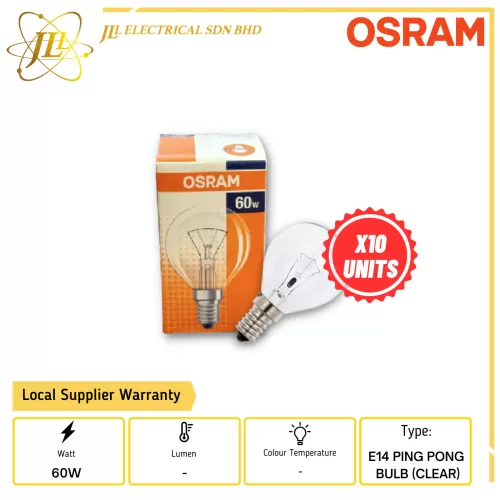 OSRAM E14 60W 240V PING PONG BULB-CLEAR (X10 UNITS)