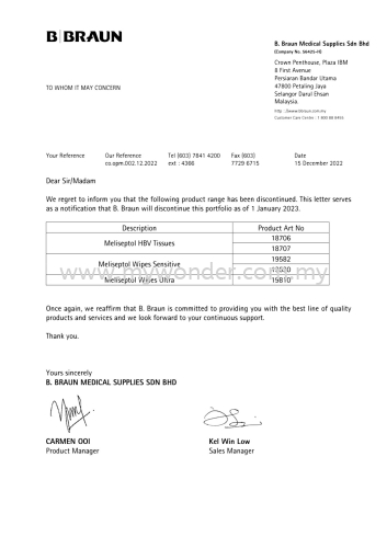 Import Of MELISEPTOL (Surface Disinfectant) Has Been Discontinued By BBRAUN In Malaysia