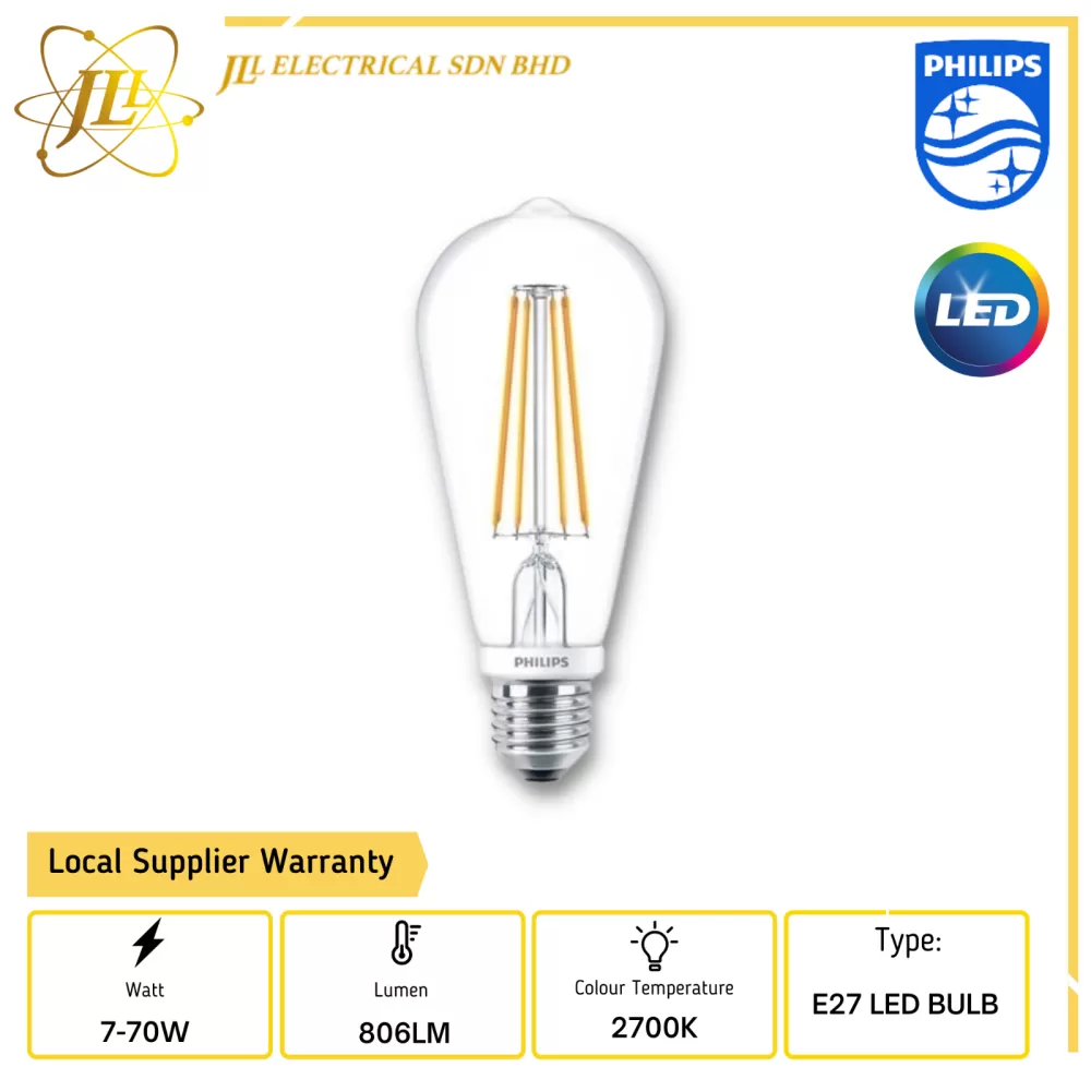 PHILIPS LED CLASSIC DIMMABLE BULB 7-70w/806lm G93 ST64 2700K WARMWHITE  Kuala Lumpur (KL), Selangor, Malaysia Supplier, Supply, Supplies,  Distributor | JLL Electrical Sdn Bhd